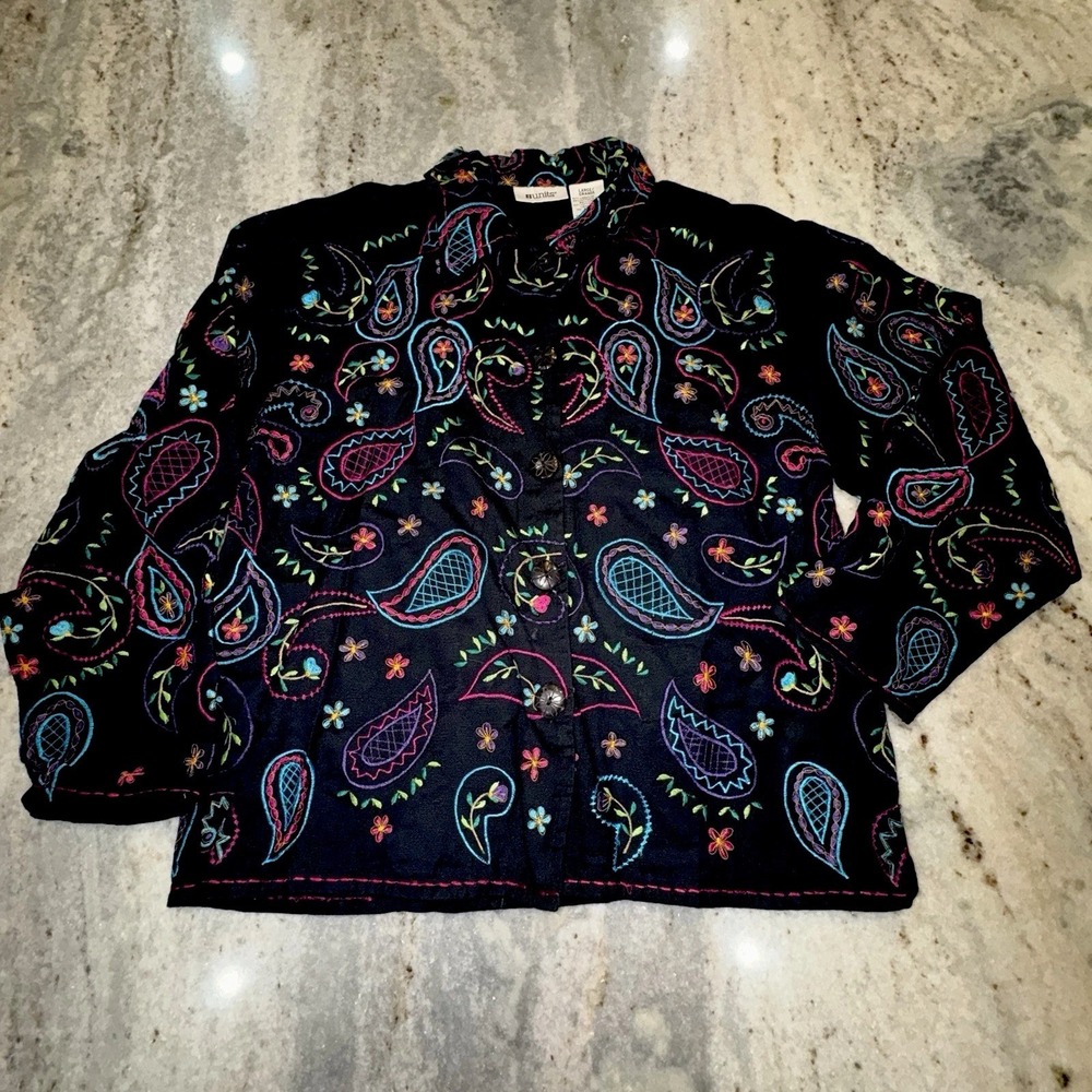 VTG‎ Units Sz L Linen Blend Colorful Embroidered Paisley All Over Button Blouse